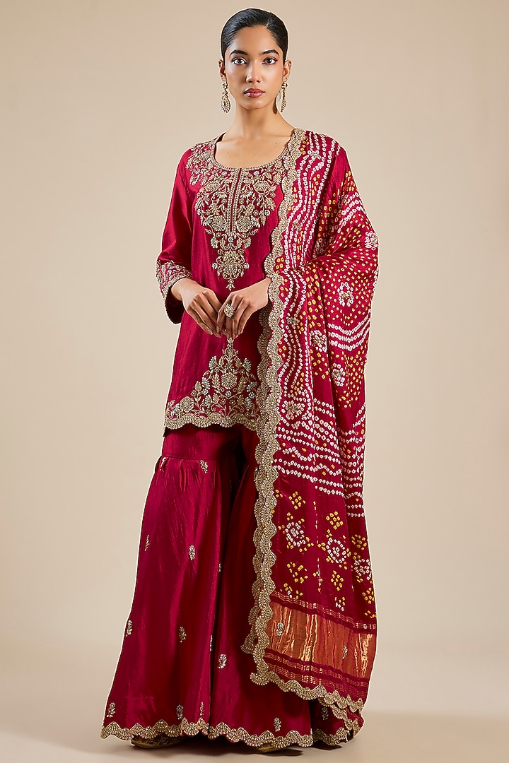 Maroon Spun Silk Zardosi Work Bridal Sharara Set by SURBHI SHAH at Pernia's Pop Up Shop