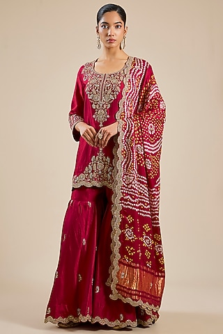 Maroon Spun Silk Zardosi Work Sharara Set by SURBHI SHAH