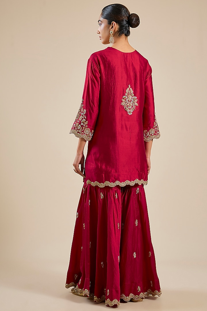 Maroon Spun Silk Zardosi Work Bridal Sharara Set by SURBHI SHAH at Pernia's Pop Up Shop