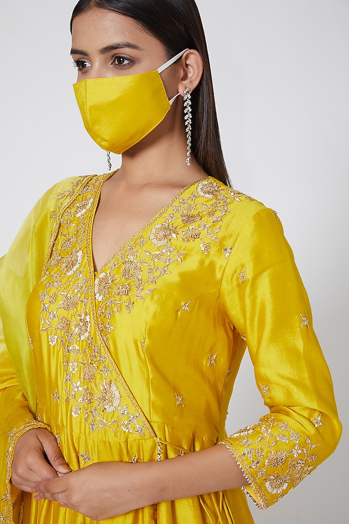 Bahaar Yellow angrakha yoke kurta set main image 1