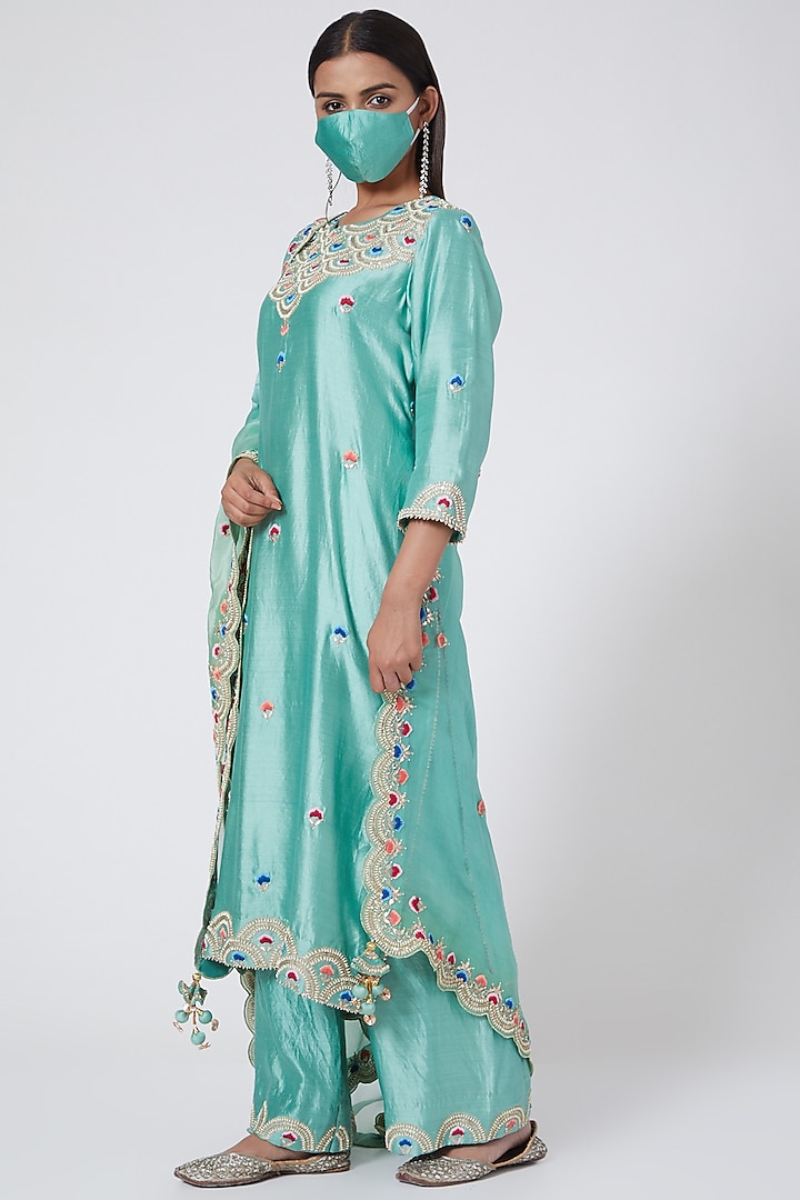 Turquoise Embroidered Kurta Set by SURBHI SHAH