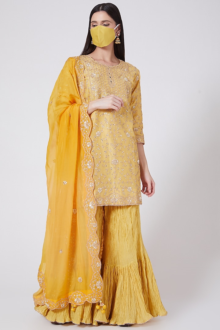 Canary Yellow Hand Embroidered Sharara Set by SURBHI SHAH at Pernia's Pop Up Shop