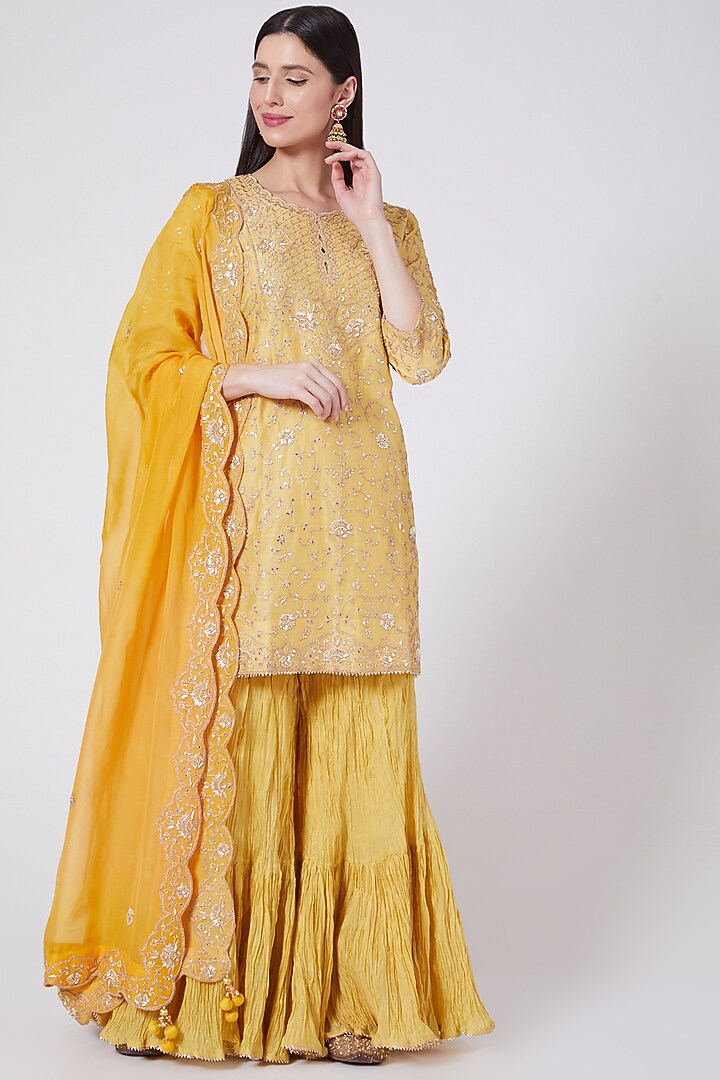 Canary Yellow Hand Embroidered Wedding Sharara Set by SURBHI SHAH at Pernia's Pop Up Shop