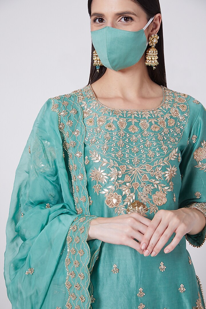 Blue Hand Embroidered Wedding Sharara Set by SURBHI SHAH at Pernia's Pop Up Shop