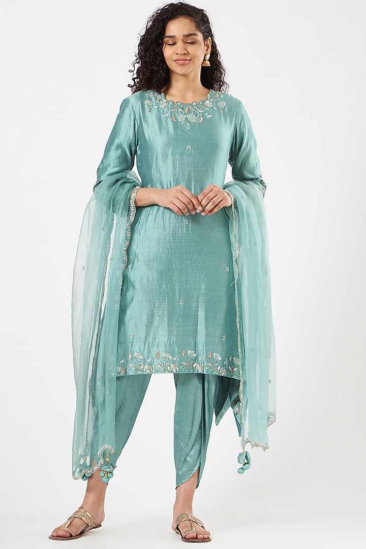 Sea Blue Hand Embroidered Kurta Set by SURBHI SHAH at Pernia's Pop Up Shop