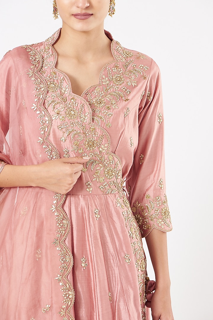 Rose Gold Hand Embroidered Angrakha Kurta Set by SURBHI SHAH at Pernia's Pop Up Shop