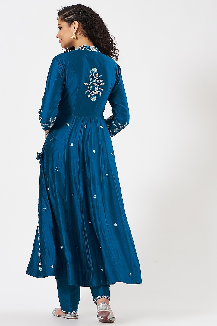 Royal Blue Hand Embroidered Angrakha Kurta Set by SURBHI SHAH at Pernia's Pop Up Shop