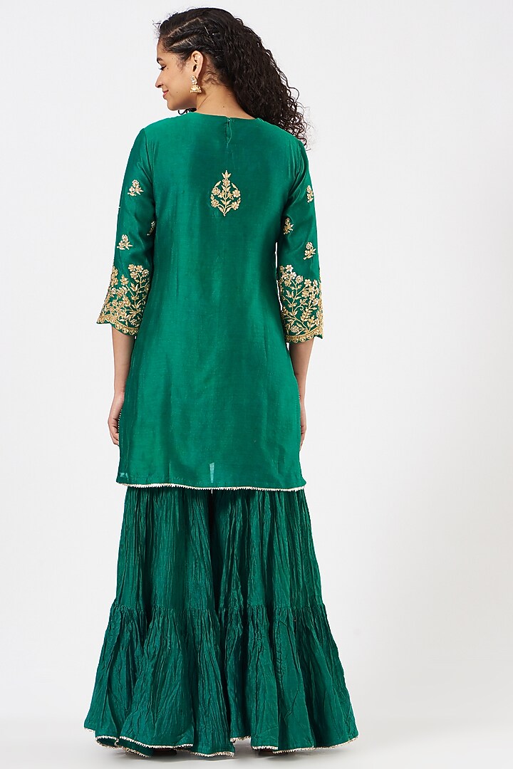 Bottle Green Crushed Wedding Sharara Set by SURBHI SHAH at Pernia's Pop Up Shop