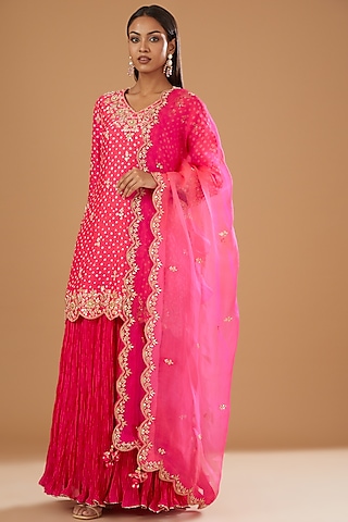 Tomato Red Silk Crush Skirt Set by SURBHI SHAH