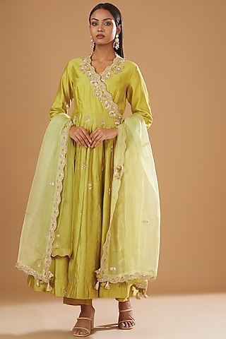 Lime Green Pure Spun Silk Embroidered Angrakha Kurta Set by SURBHI SHAH