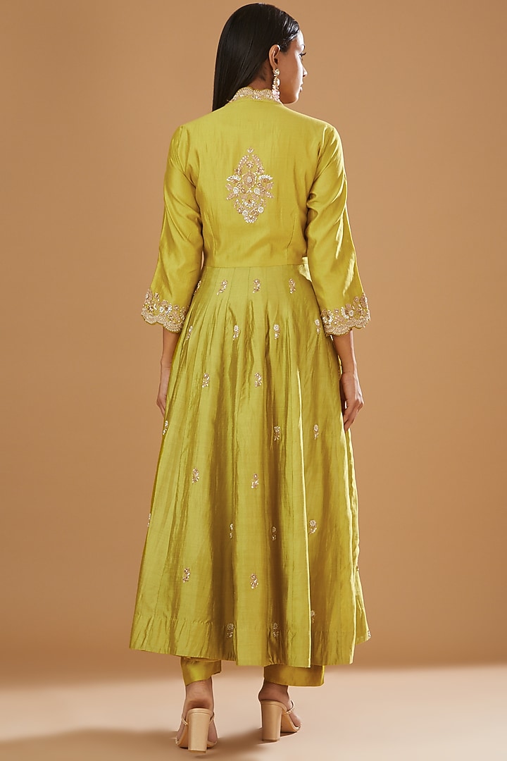 Lime Green Pure Spun Silk Embroidered Angrakha Kurta Set by SURBHI SHAH at Pernia's Pop Up Shop