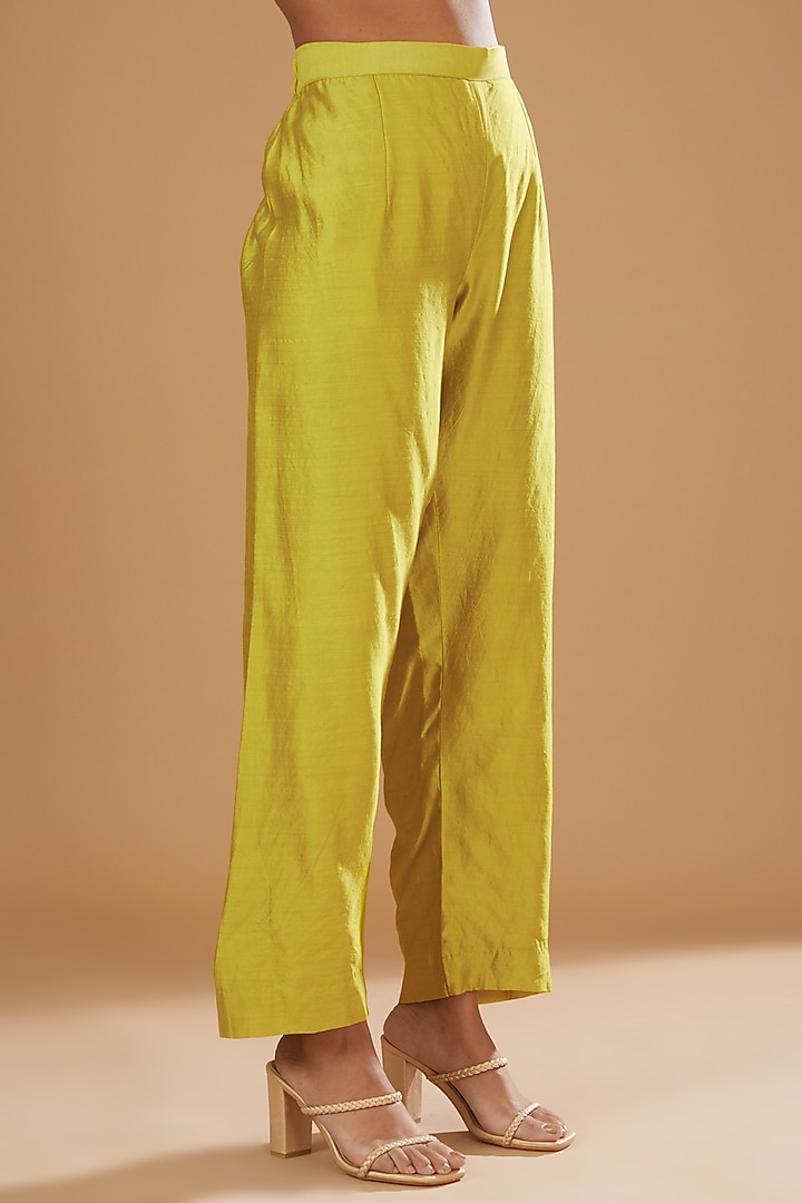 Lime Green Pure Spun Silk Embroidered Angrakha Kurta Set by SURBHI SHAH at Pernia's Pop Up Shop