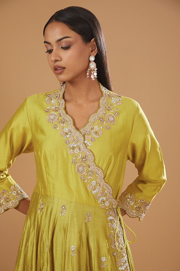 Lime Green Pure Spun Silk Embroidered Angrakha Kurta Set by SURBHI SHAH at Pernia's Pop Up Shop