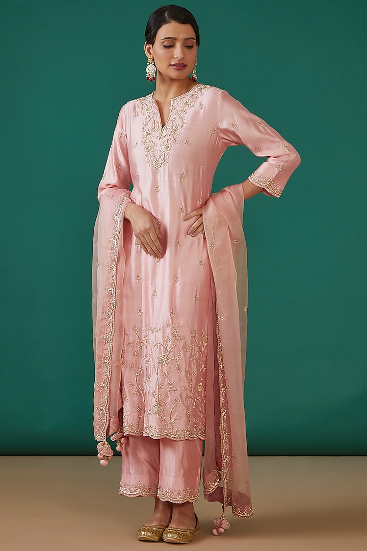 Rose Gold Spun Silk Embroidered Kurta Set by Surbhi Shah