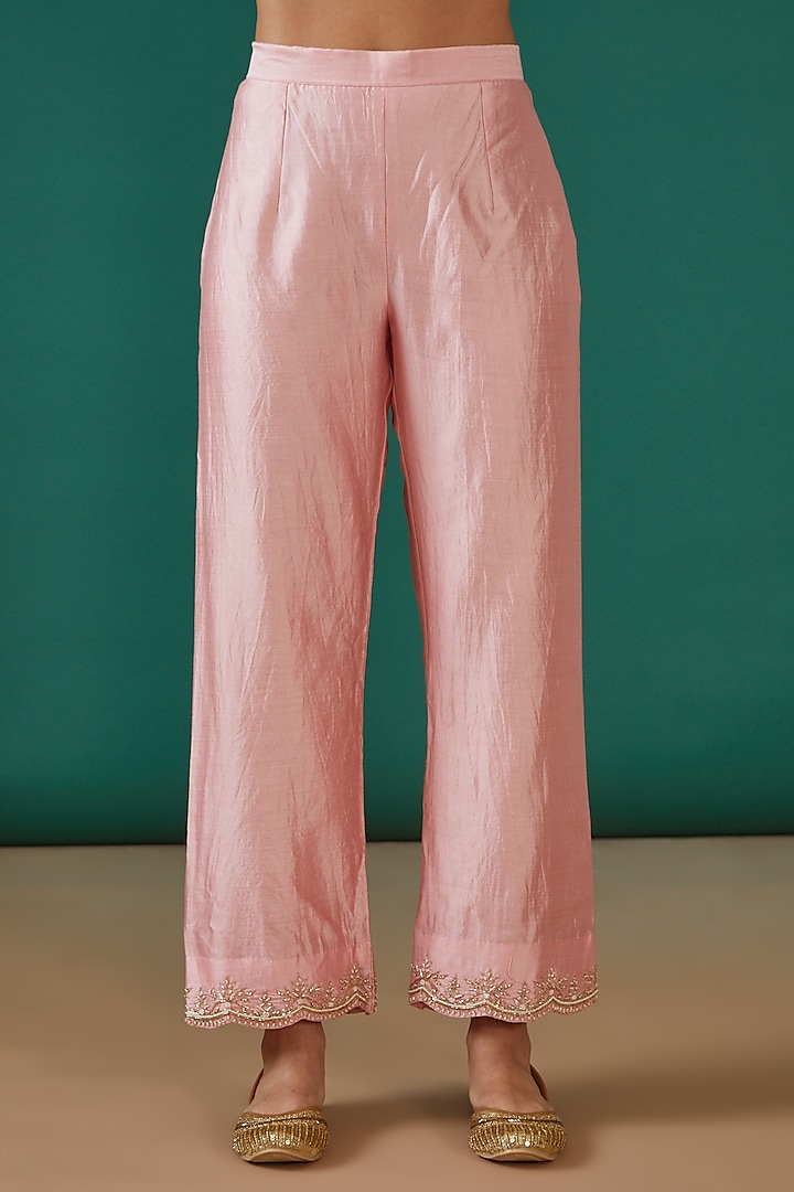 Rose Gold Spun Silk Embroidered Kurta Set by Surbhi Shah at Pernia's Pop Up Shop