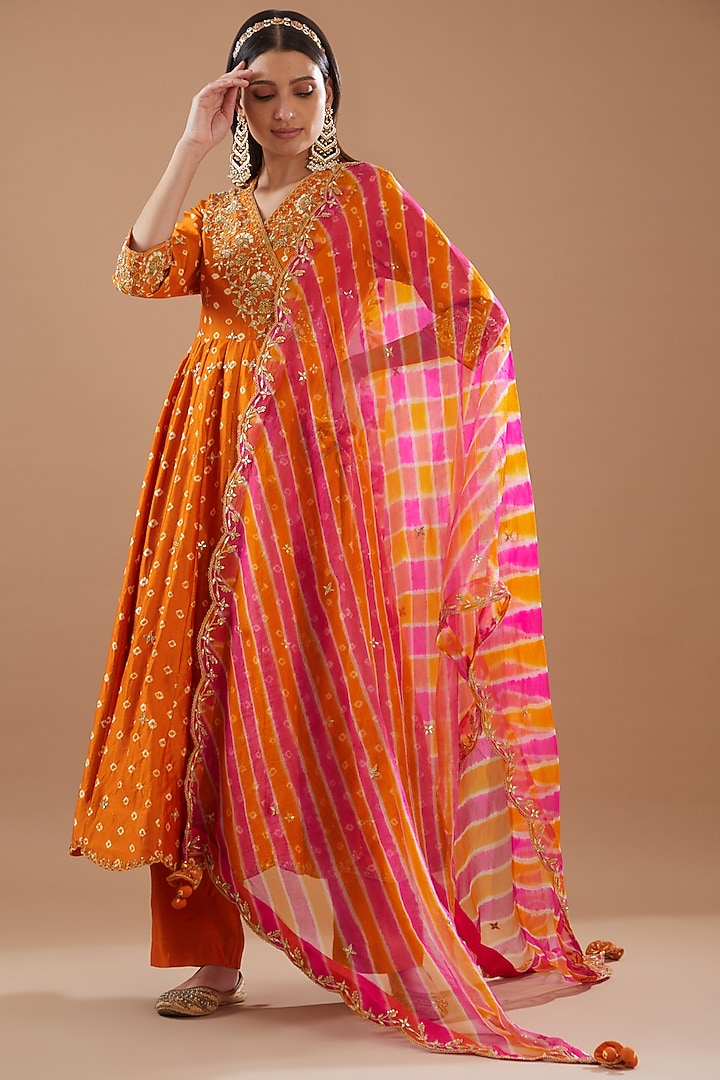 Orange Pure Spun Silk Embroidered Angrakha Kurta Set by SURBHI SHAH at Pernia's Pop Up Shop