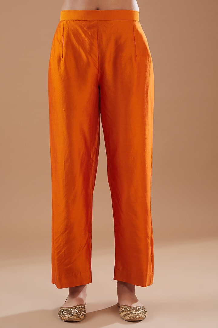 Orange Pure Spun Silk Embroidered Angrakha Kurta Set by SURBHI SHAH at Pernia's Pop Up Shop