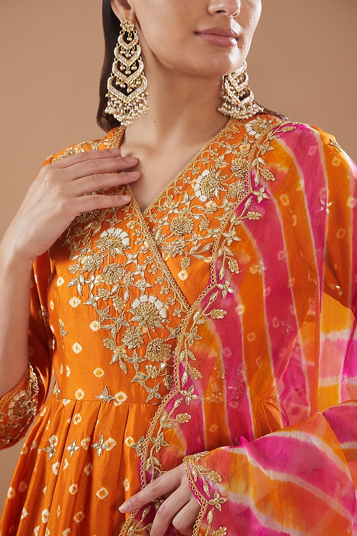 Orange Pure Spun Silk Embroidered Angrakha Kurta Set by SURBHI SHAH at Pernia's Pop Up Shop