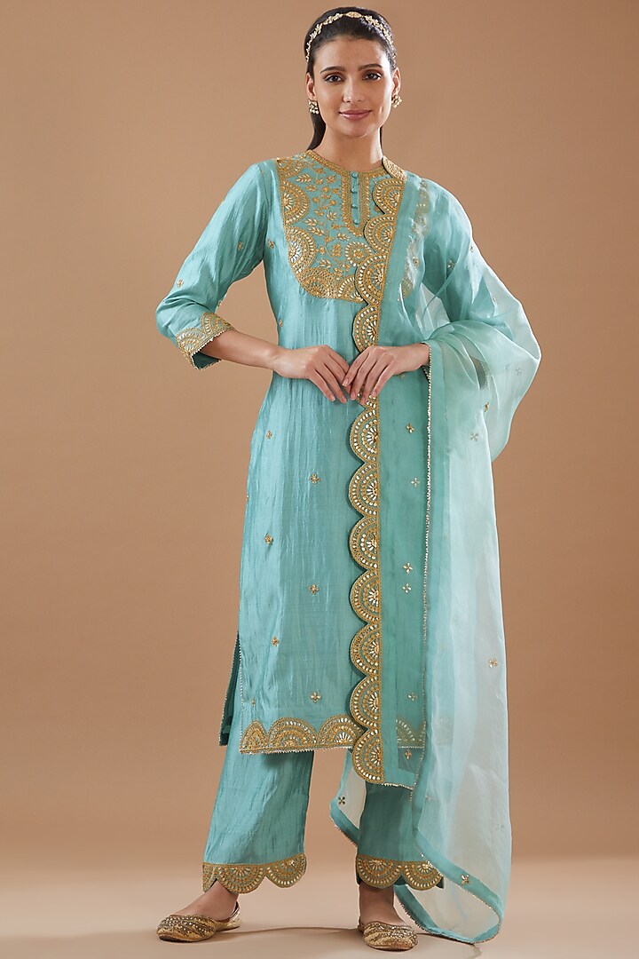 Sea Blue Spun Silk Hand Embroidered Kurta Set by SURBHI SHAH at Pernia's Pop Up Shop
