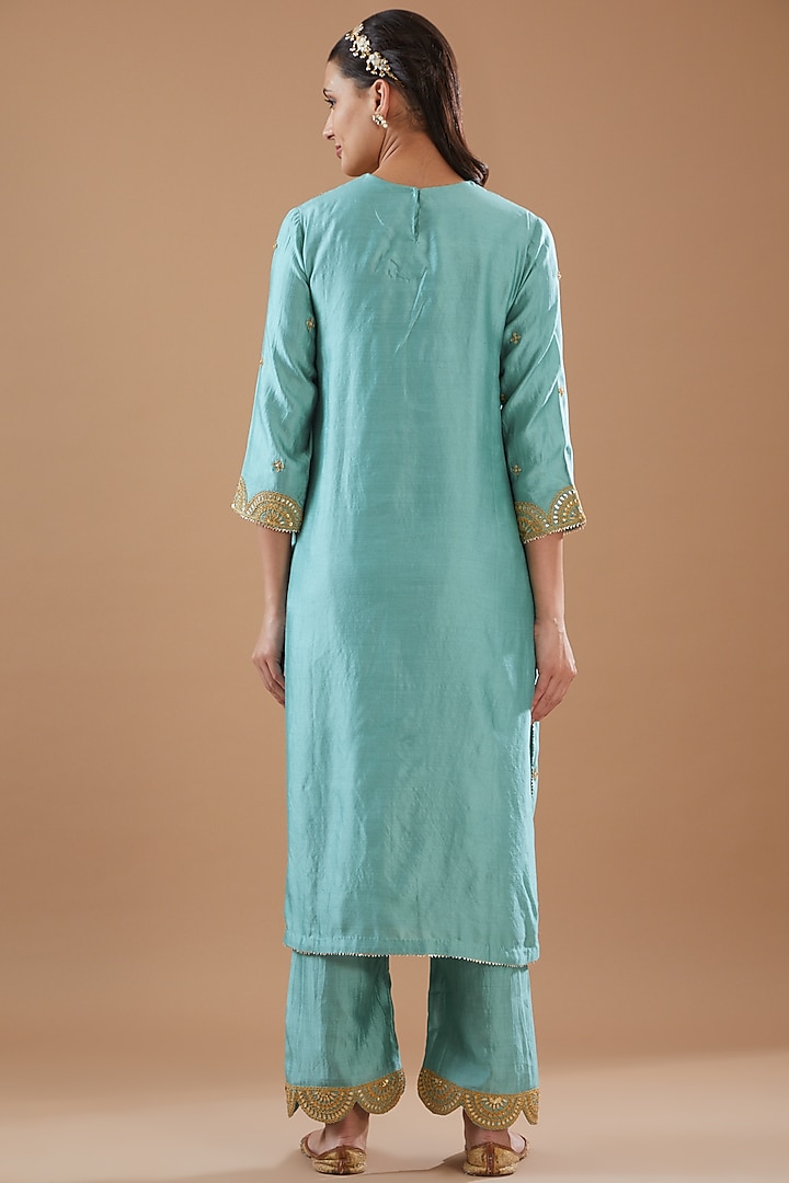 Sea Blue Spun Silk Hand Embroidered Kurta Set by SURBHI SHAH at Pernia's Pop Up Shop
