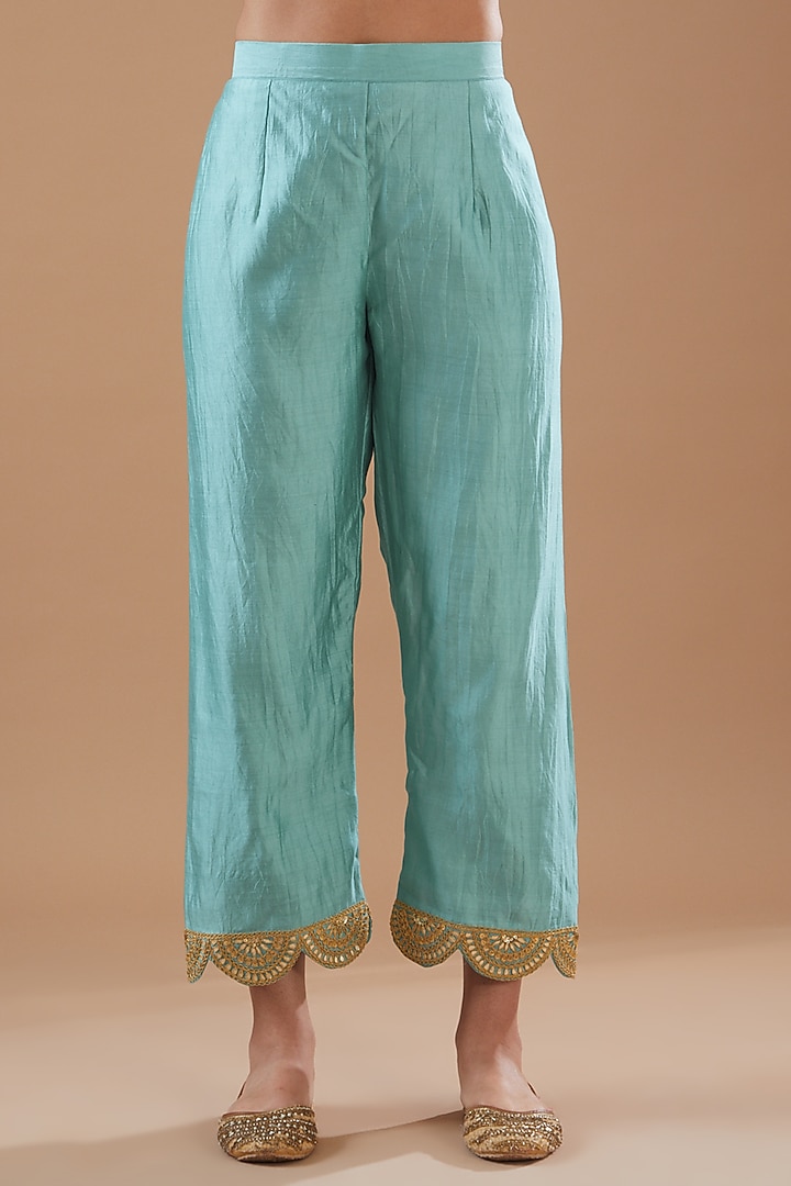 Sea Blue Spun Silk Hand Embroidered Kurta Set by SURBHI SHAH at Pernia's Pop Up Shop