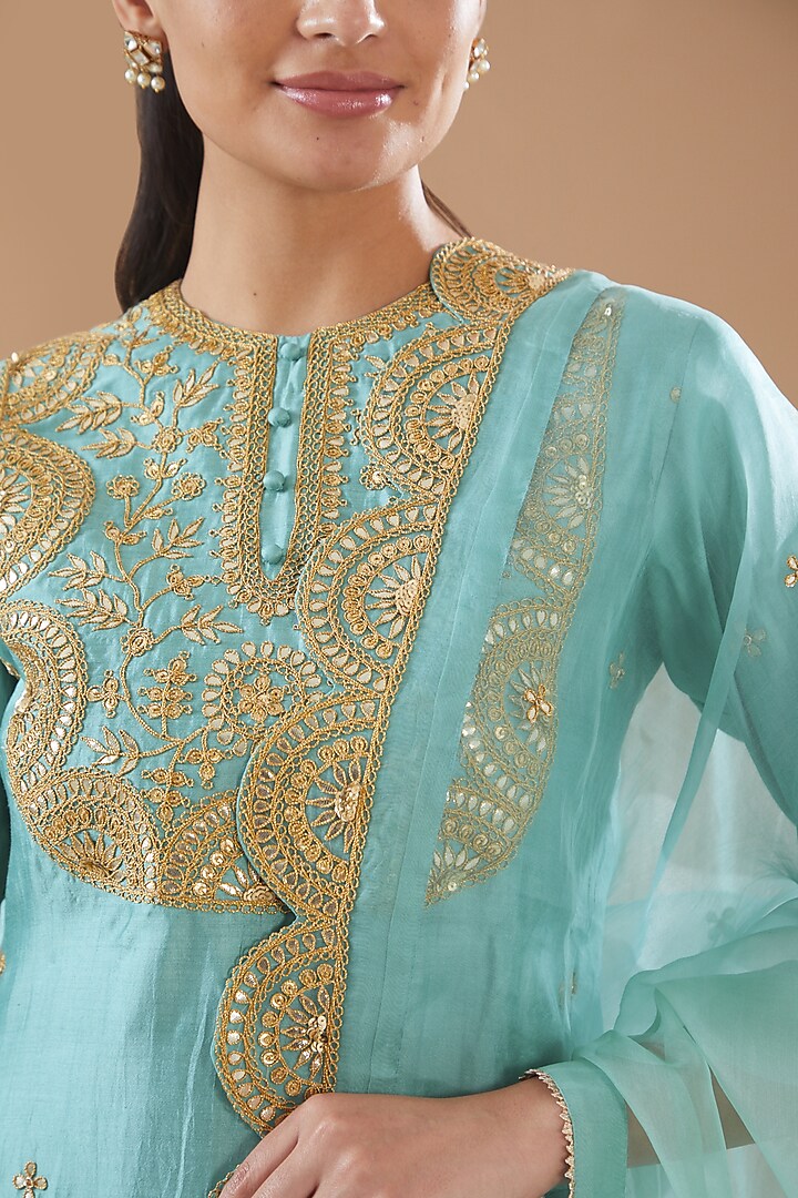 Sea Blue Spun Silk Hand Embroidered Kurta Set by SURBHI SHAH at Pernia's Pop Up Shop