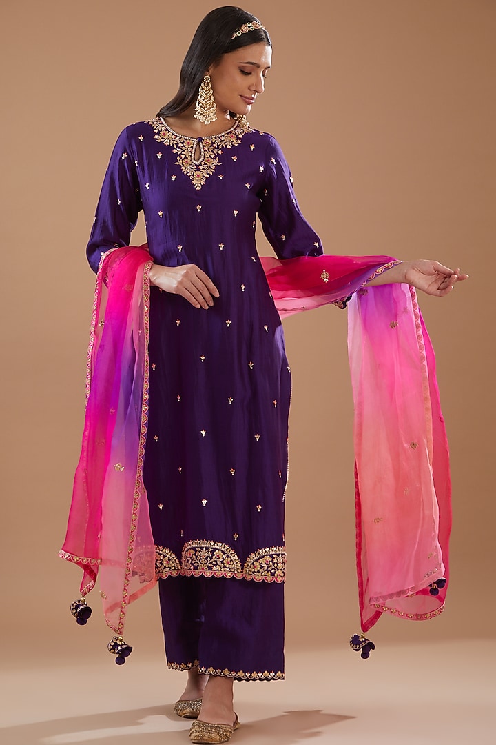 Purple Spun Silk Hand Embroidered Kurta Set by SURBHI SHAH at Pernia's Pop Up Shop