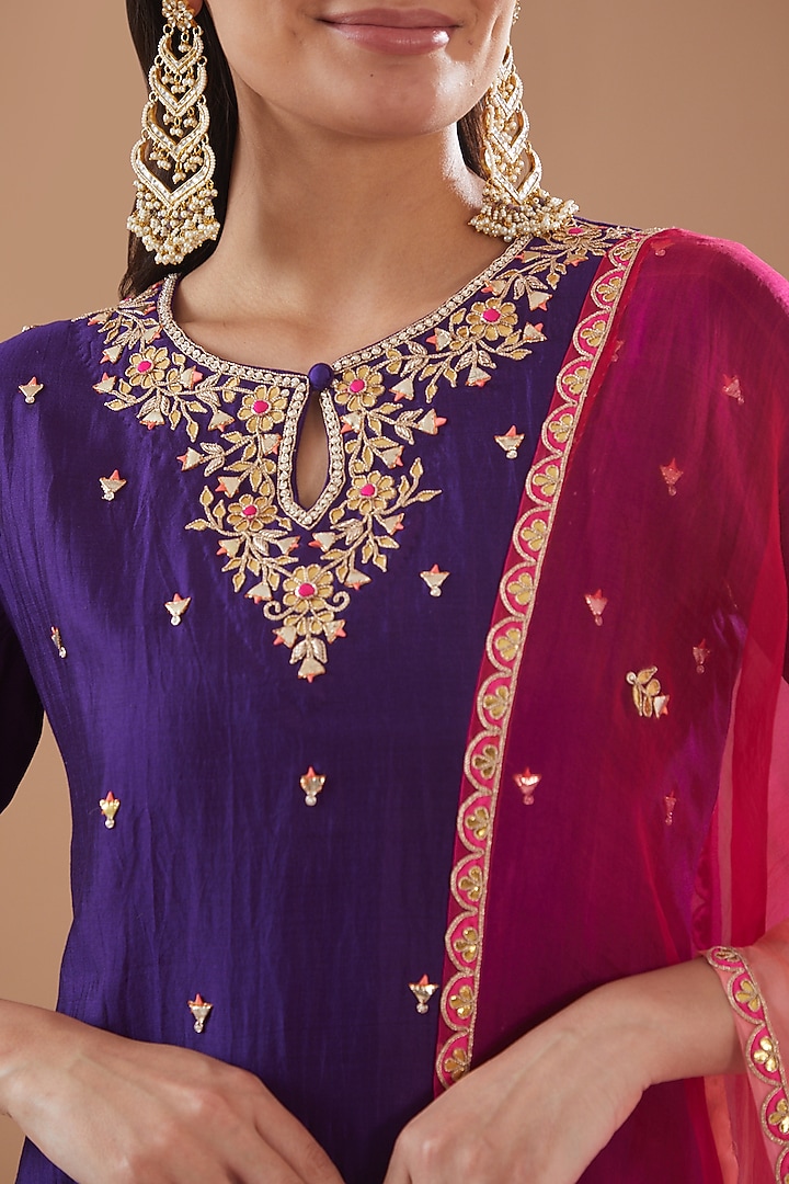 Purple Spun Silk Hand Embroidered Kurta Set by SURBHI SHAH at Pernia's Pop Up Shop