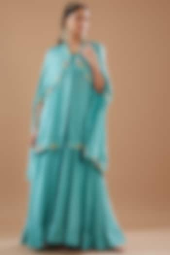 Sea Blue Viscose Satin Organza Hand Embroidered Cape Set by SURBHI SHAH at Pernia's Pop Up Shop