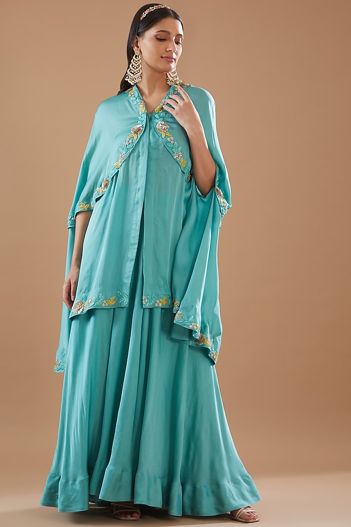 Sea Blue Viscose Satin Organza Hand Embroidered Cape Set by SURBHI SHAH at Pernia's Pop Up Shop