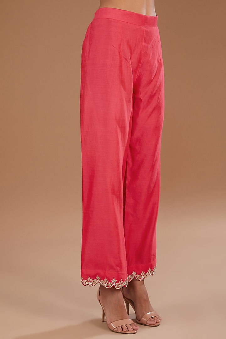Tomato Red Pure Spun Silk Marori Gota Embroidered Kurta Set by SURBHI SHAH at Pernia's Pop Up Shop