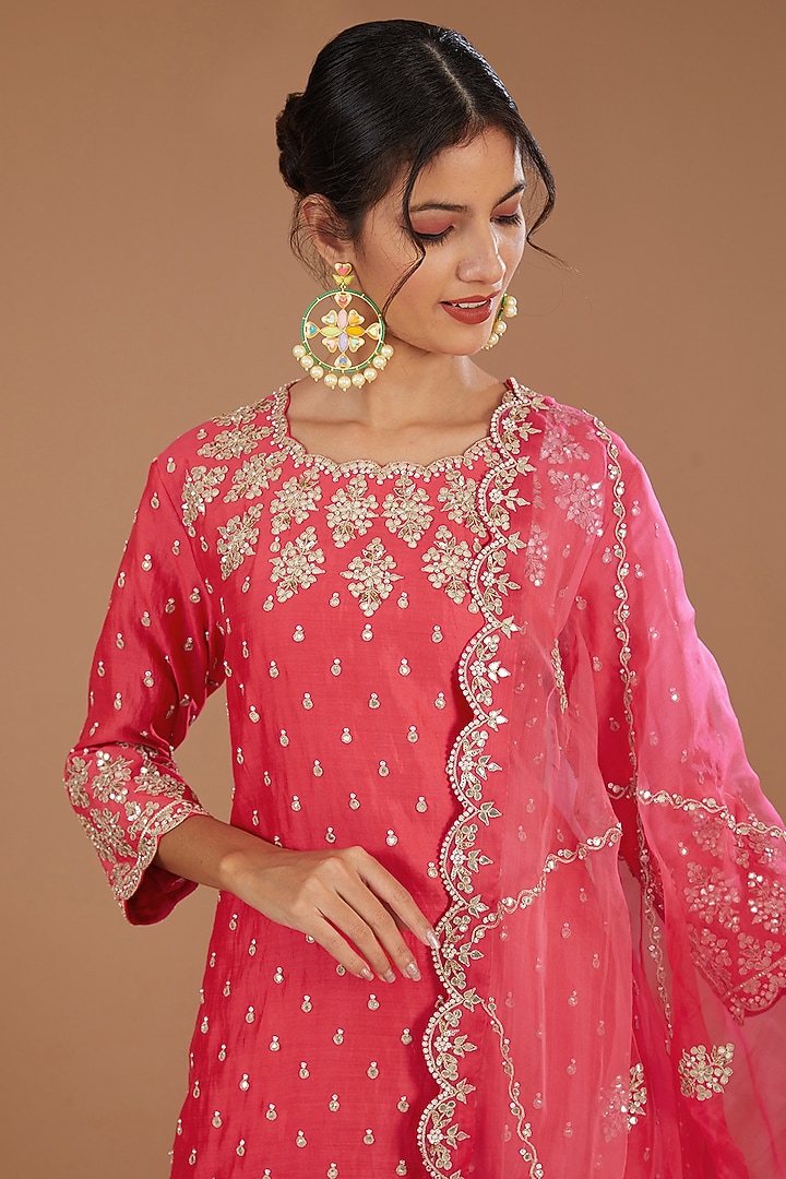 Tomato Red Pure Spun Silk Marori Gota Embroidered Kurta Set by SURBHI SHAH at Pernia's Pop Up Shop
