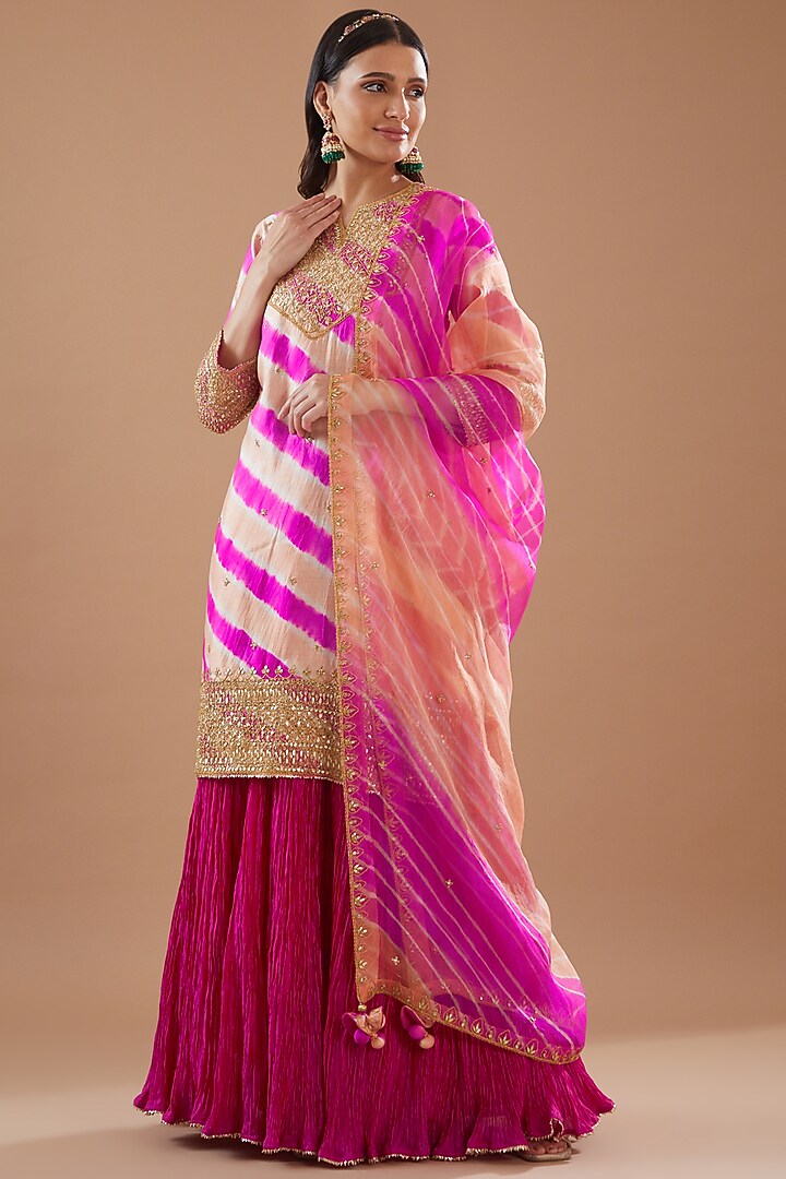 Hot Pink Kora Silk & Crush Skirt Set by SURBHI SHAH at Pernia's Pop Up Shop