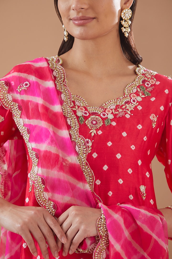 Red Spun Silk Hand Embroidered Bandhej Kurta Set by SURBHI SHAH
