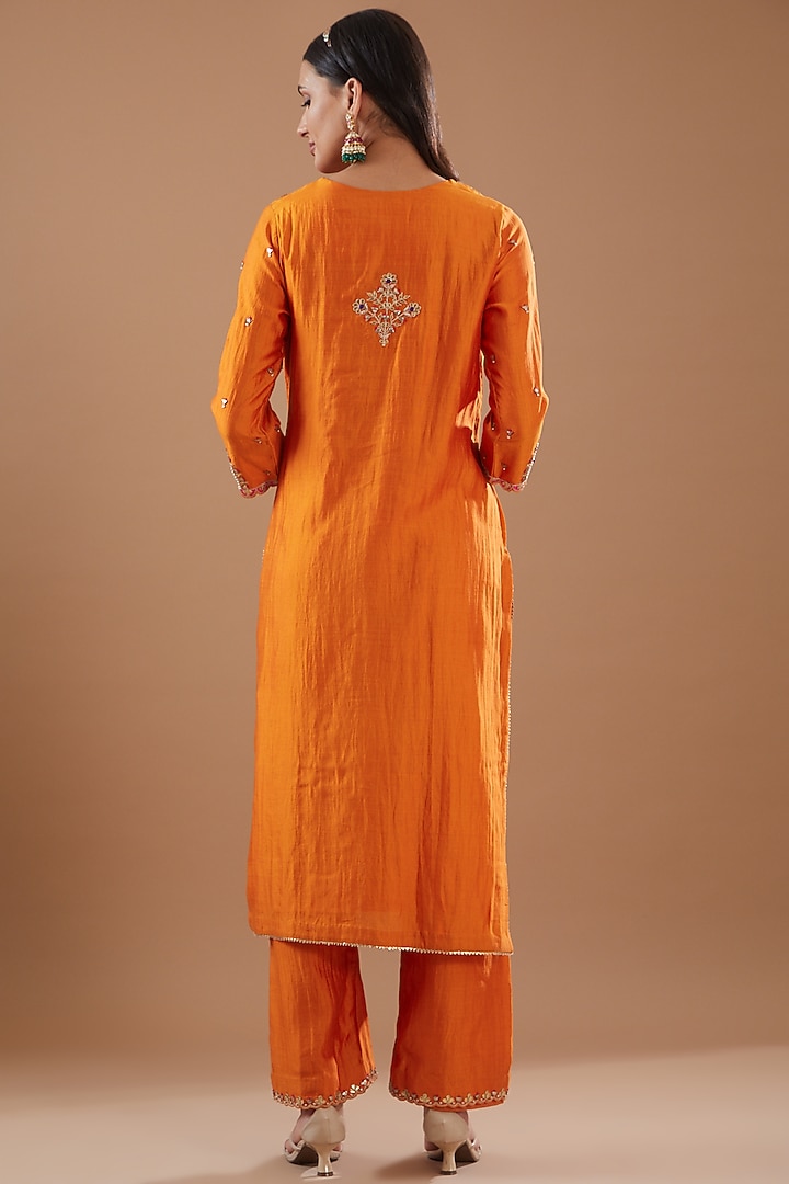 Orange Spun Silk Hand Embroidered Kurta Set by SURBHI SHAH at Pernia's Pop Up Shop