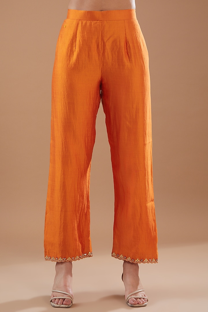 Orange Spun Silk Hand Embroidered Kurta Set by SURBHI SHAH at Pernia's Pop Up Shop