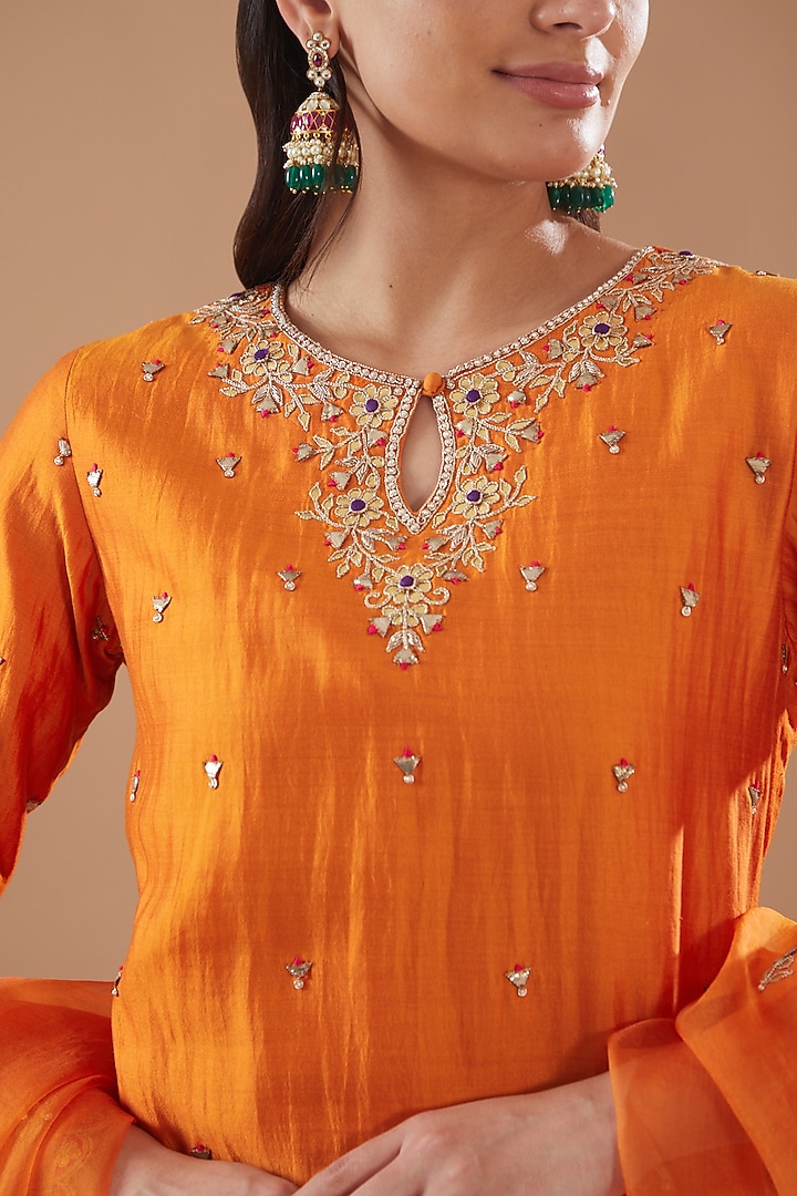Orange Spun Silk Hand Embroidered Kurta Set by SURBHI SHAH at Pernia's Pop Up Shop
