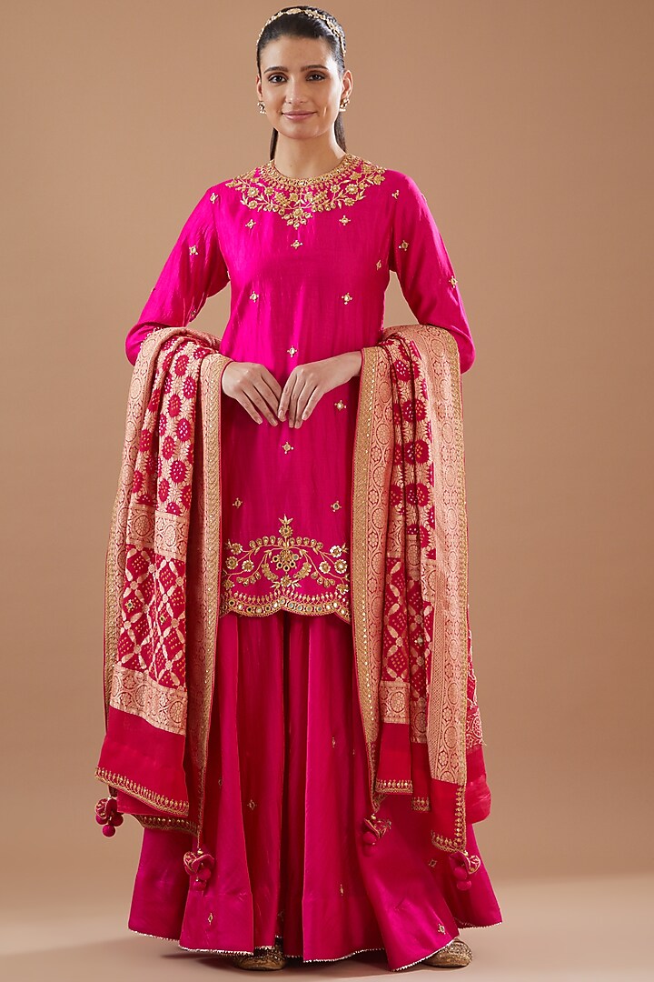 Rani Pink Embroidered Chinnon Silk Sharara Suit Set main image 1