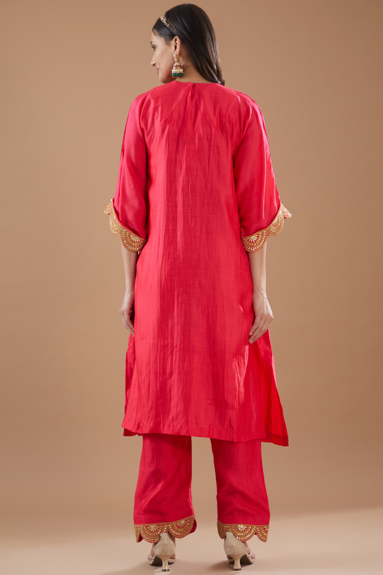 Tomato Red Spun Silk Hand Embroidered Kaftan Set by SURBHI SHAH at Pernia's Pop Up Shop