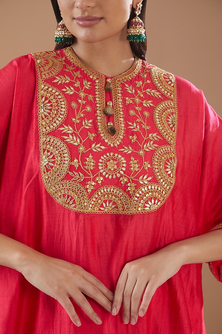 Tomato Red Spun Silk Hand Embroidered Kaftan Set by SURBHI SHAH at Pernia's Pop Up Shop