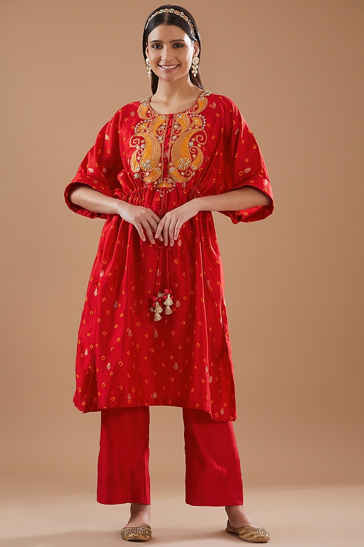 Red Spun Silk Hand Embroidered Bandhej Kaftan Set by SURBHI SHAH