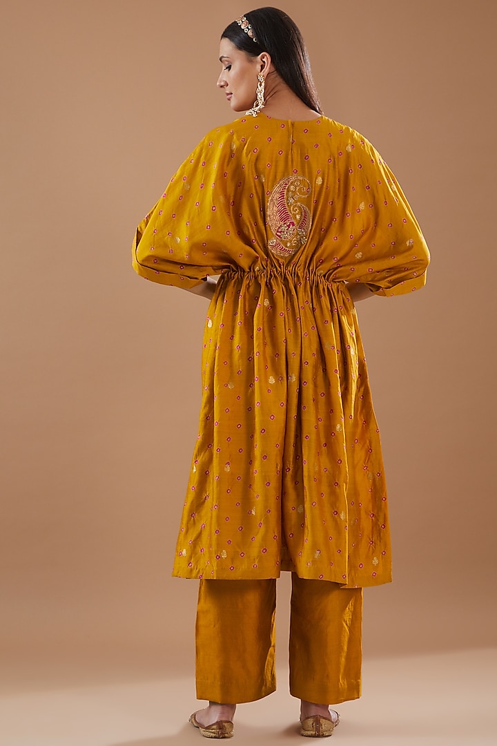 Yellow Spun Silk Hand Embroidered Bandhej Kaftan Set by SURBHI SHAH