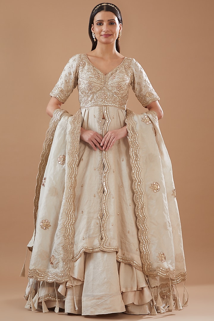 Silver Tissue Embroidered Wedding Lehenga Set by SURBHI SHAH at Pernia's Pop Up Shop