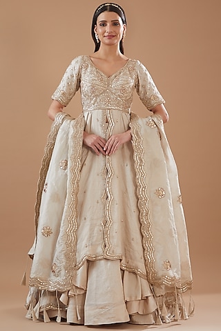 Silver Tissue Embroidered Lehenga Set by SURBHI SHAH
