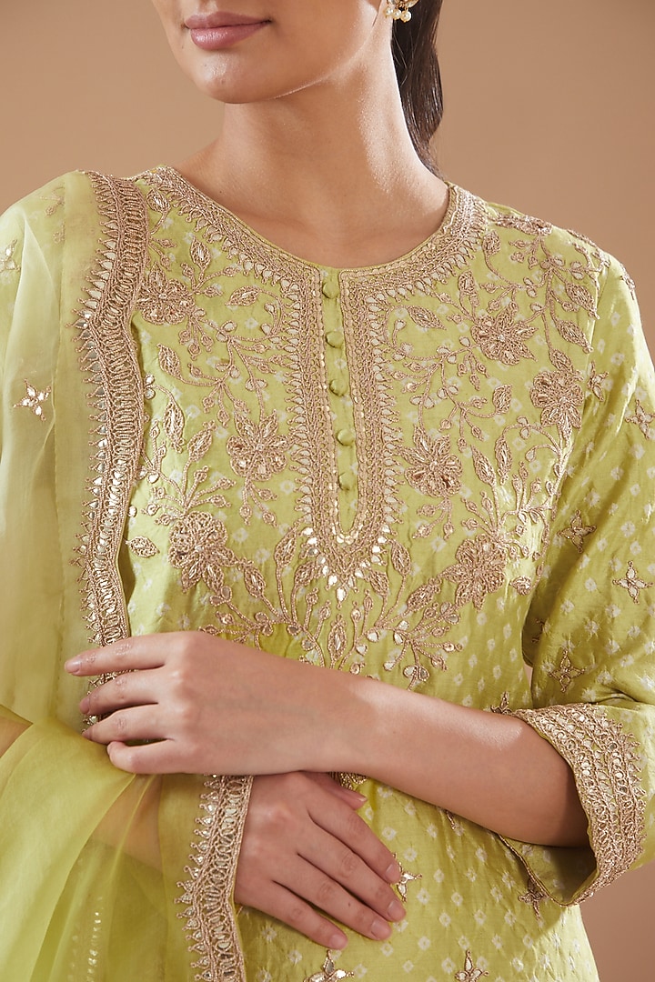 Lime Green Pure Spun Silk Hand Embroidered Kurta Set by SURBHI SHAH at Pernia's Pop Up Shop