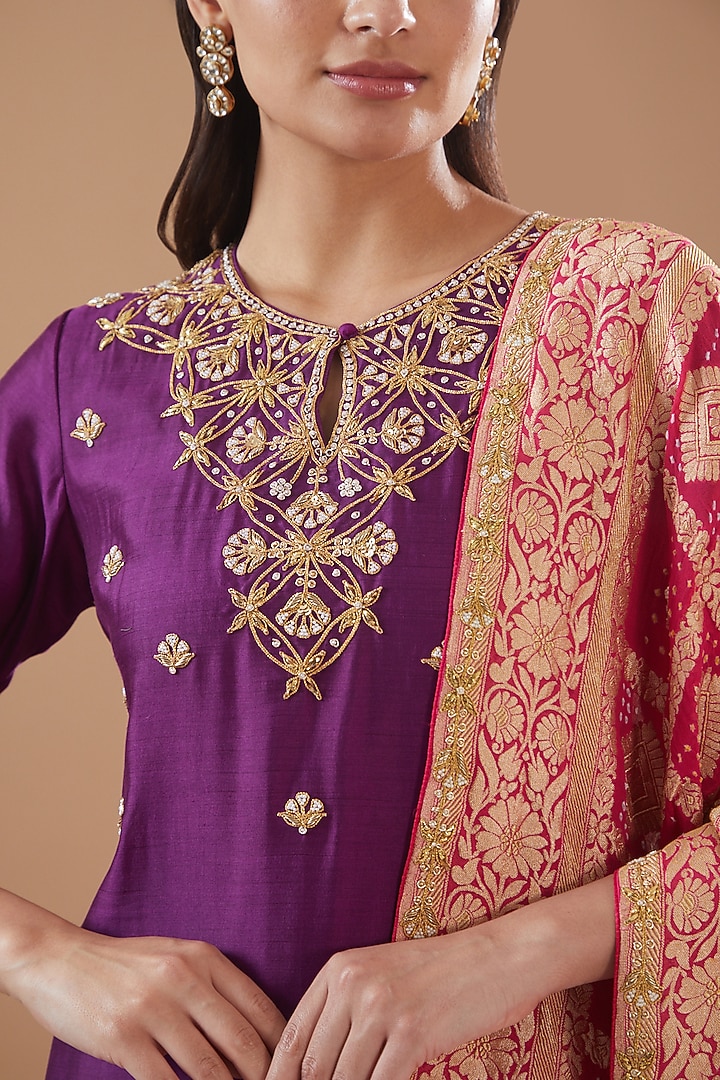 Purple Pure Spun Silk Hand Embroidered Kurta Set by SURBHI SHAH at Pernia's Pop Up Shop