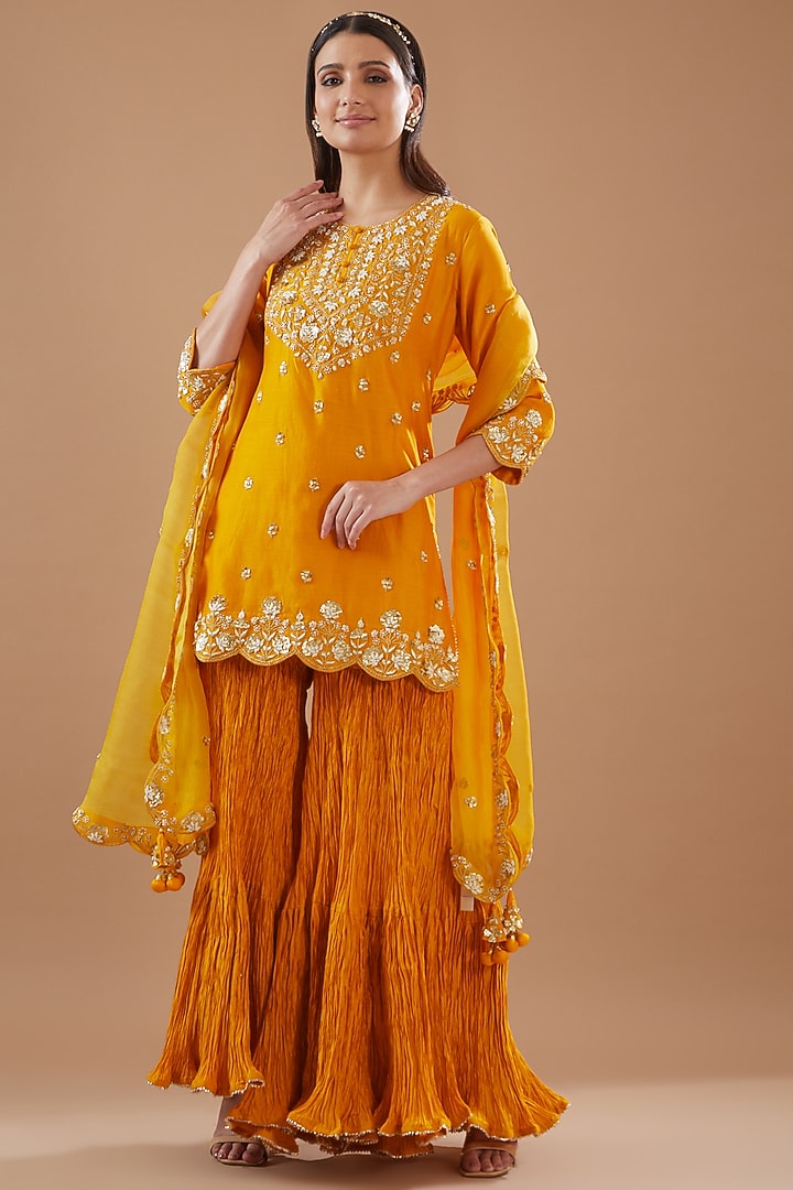 Mustard Yellow Crush Wedding Sharara Set by SURBHI SHAH at Pernia's Pop Up Shop