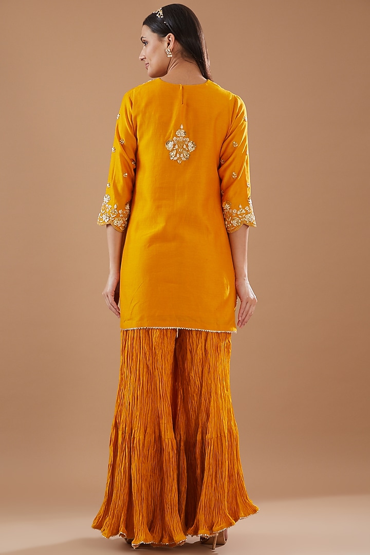 Mustard Yellow Crush Wedding Sharara Set by SURBHI SHAH at Pernia's Pop Up Shop