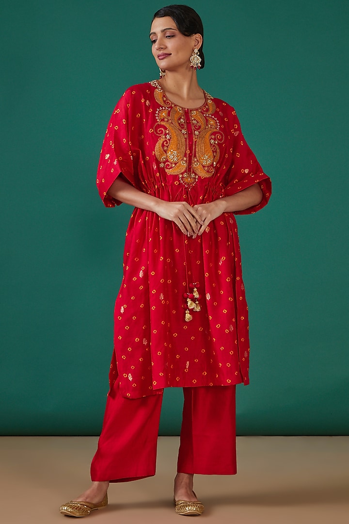 Red Spun Silk Embroidered Kaftan Set by Surbhi Shah