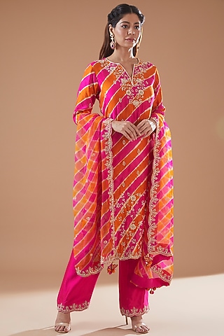 Rani Orange Spun Silk Embroidered & Printed Kurta Set by SURBHI SHAH